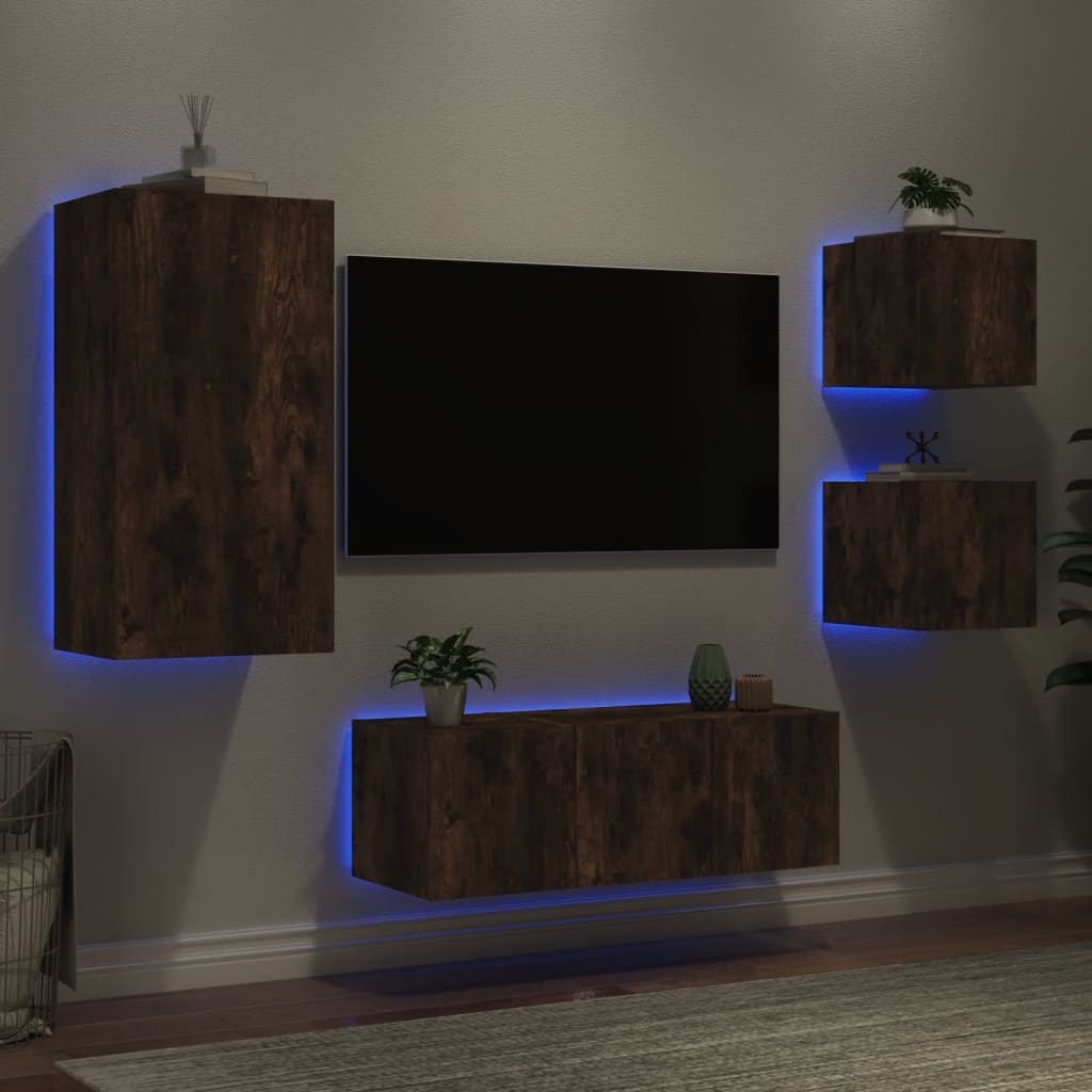 5-Delige Tv-Wandmeubelset Met Led Bewerkt Hout Gerookt eiken