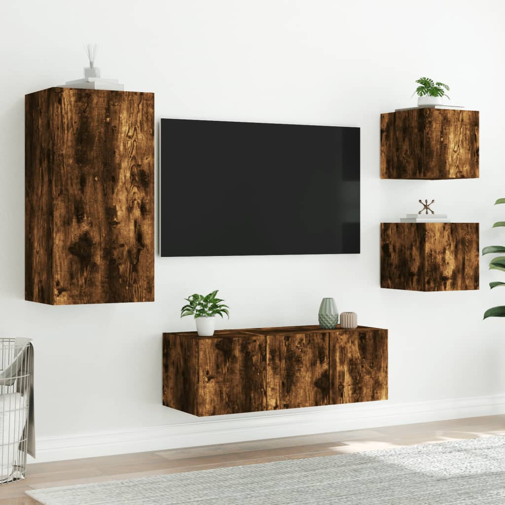 5-Delige Tv-Wandmeubelset Met Led Bewerkt Hout Gerookt eiken
