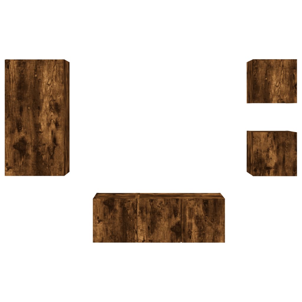 5-Delige Tv-Wandmeubelset Met Led Bewerkt Hout Gerookt eiken
