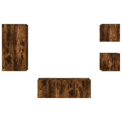 5-Delige Tv-Wandmeubelset Met Led Bewerkt Hout Gerookt eiken