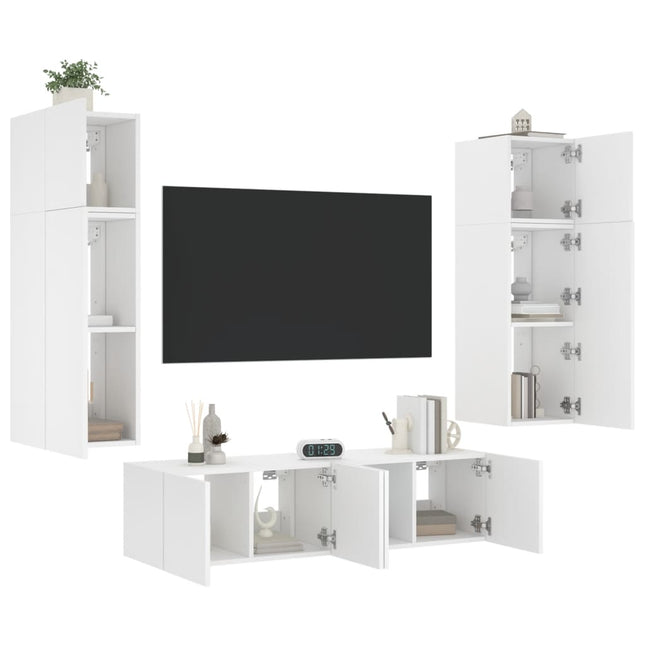 6-Delige Tv-Wandmeubelset Met Led-Verlichting Bewerkt Hout Wit