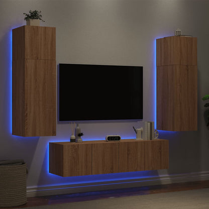 6-Delige Tv-Wandmeubelset Met Led Bewerkt Hout Sonoma eiken
