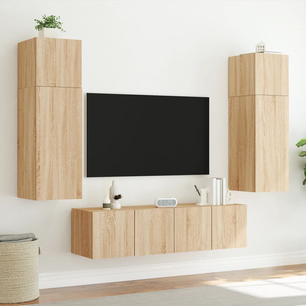 6-Delige Tv-Wandmeubelset Met Led Bewerkt Hout Sonoma eiken