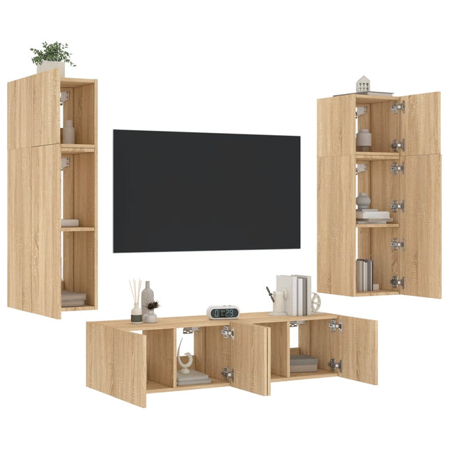 6-Delige Tv-Wandmeubelset Met Led Bewerkt Hout Sonoma eiken