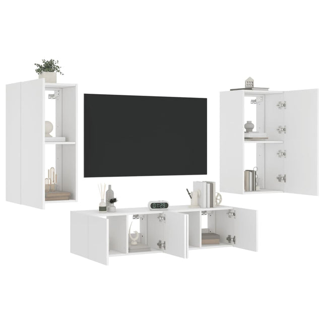 4-Delige Tv-Wandmeubelset Met Led-Verlichting Bewerkt Hout Wit