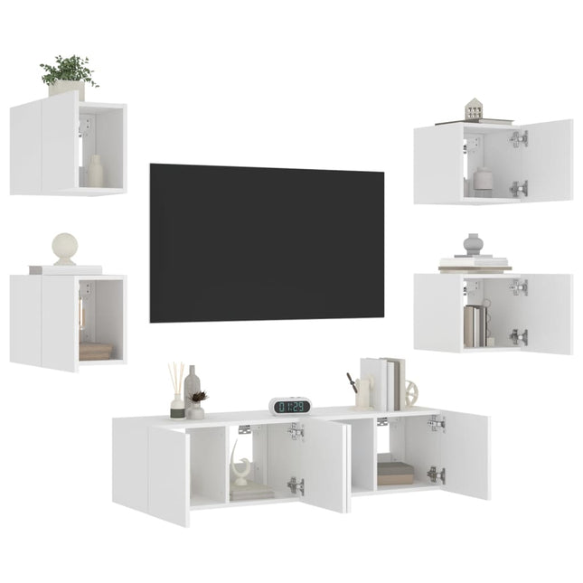 6-Delige Tv-Wandmeubelset Met Led-Verlichting Bewerkt Hout Wit