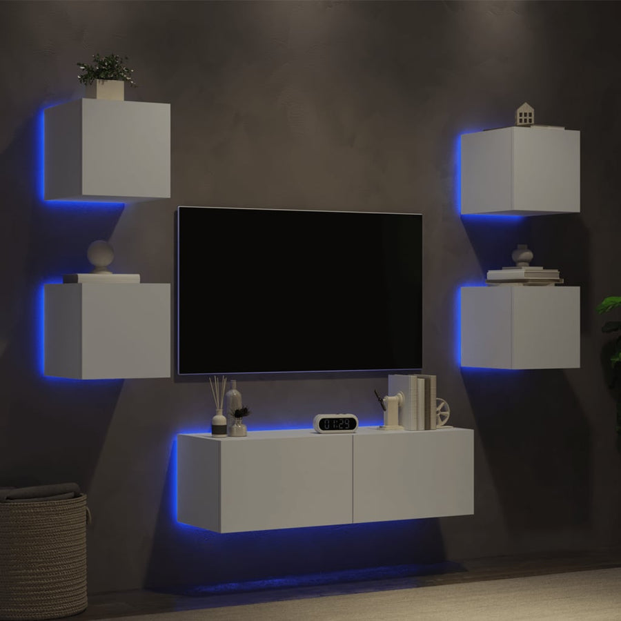5-Delige Tv-Wandmeubelset Met Led-Verlichting Wit