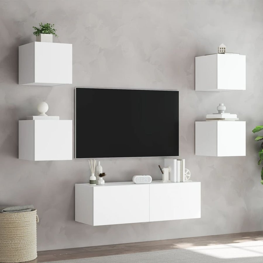 5-Delige Tv-Wandmeubelset Met Led-Verlichting Wit