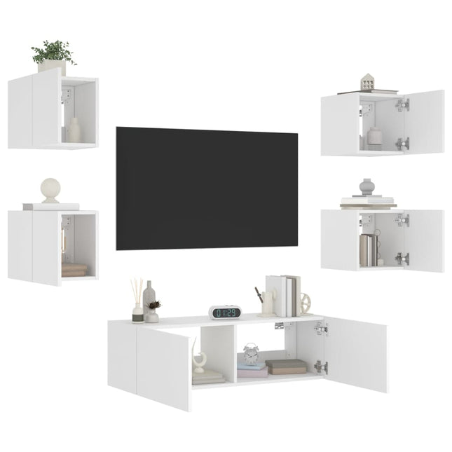 5-Delige Tv-Wandmeubelset Met Led-Verlichting Wit