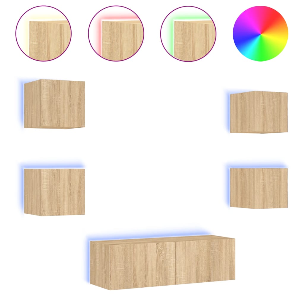 5-Delige Tv-Wandmeubelset Met Led-Verlichting Kleur Sonoma eiken