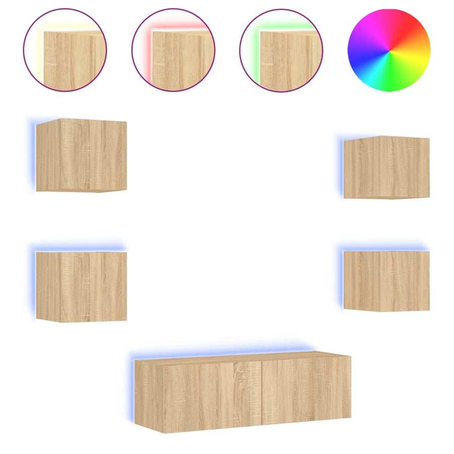5-Delige Tv-Wandmeubelset Met Led-Verlichting Kleur Sonoma eiken