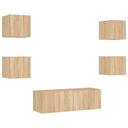 5-Delige Tv-Wandmeubelset Met Led-Verlichting Kleur Sonoma eiken