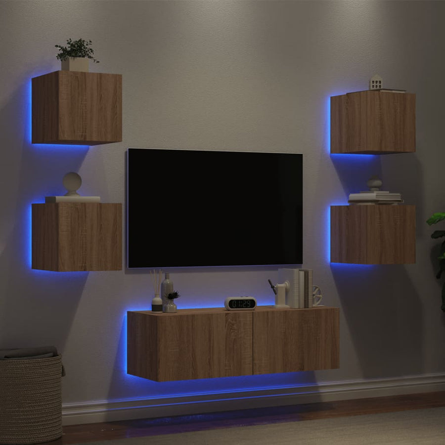 5-Delige Tv-Wandmeubelset Met Led-Verlichting Kleur Sonoma eiken