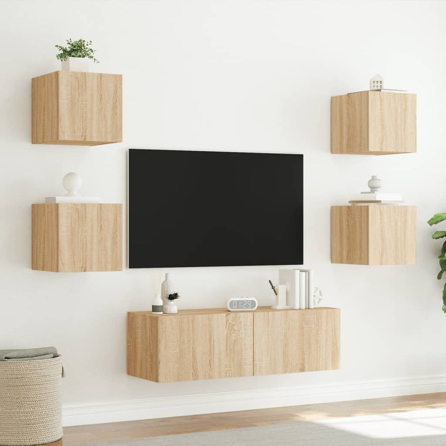 5-Delige Tv-Wandmeubelset Met Led-Verlichting Kleur Sonoma eiken