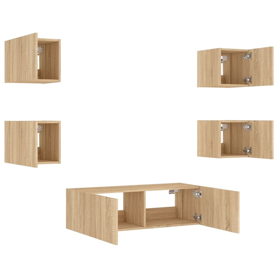 5-Delige Tv-Wandmeubelset Met Led-Verlichting Kleur Sonoma eiken