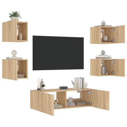 5-Delige Tv-Wandmeubelset Met Led-Verlichting Kleur Sonoma eiken