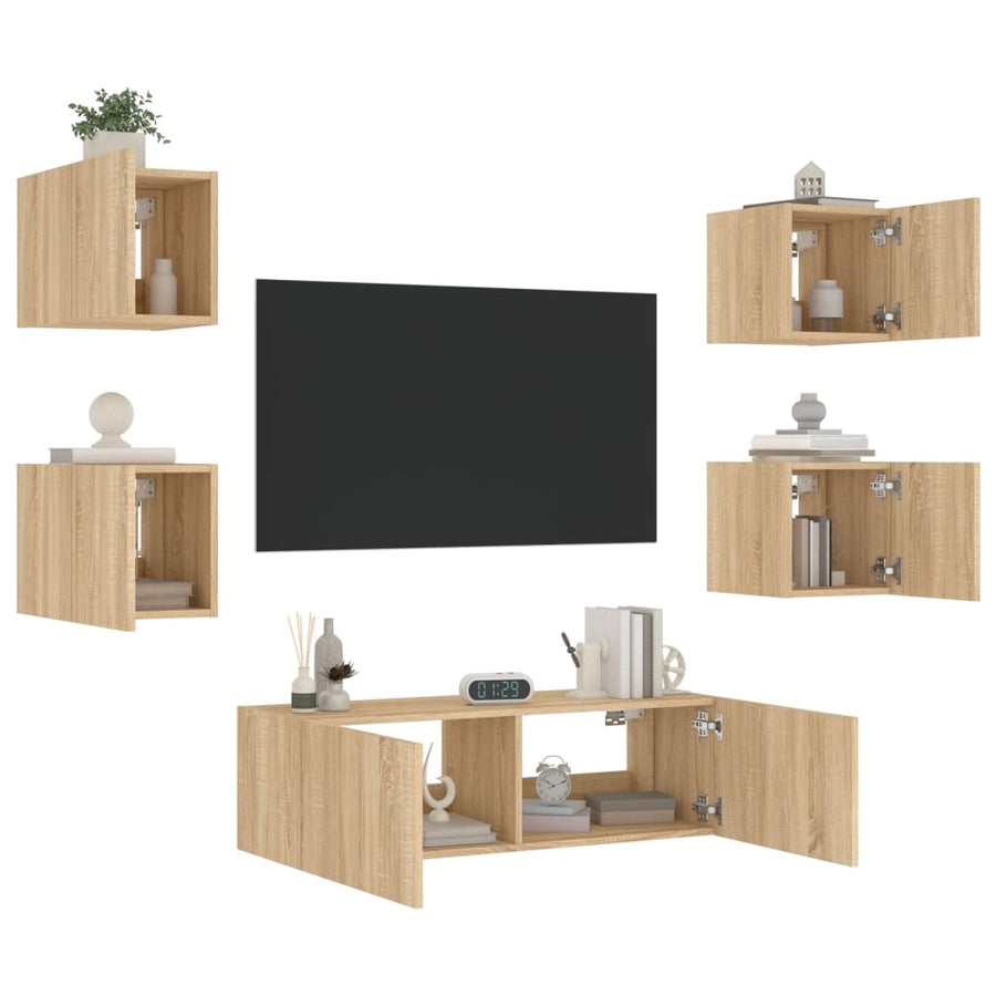5-Delige Tv-Wandmeubelset Met Led-Verlichting Kleur Sonoma eiken