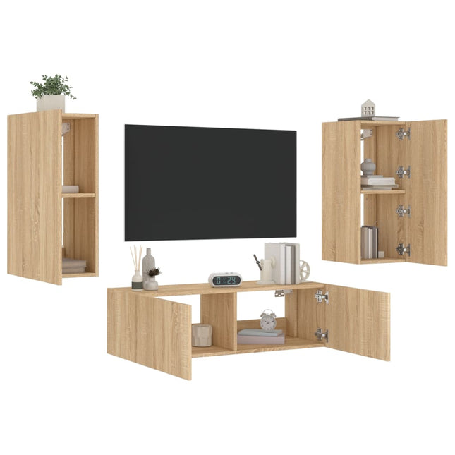 3-Delige Tv-Wandmeubelset Met Led-Verlichting Kleur Sonoma eiken