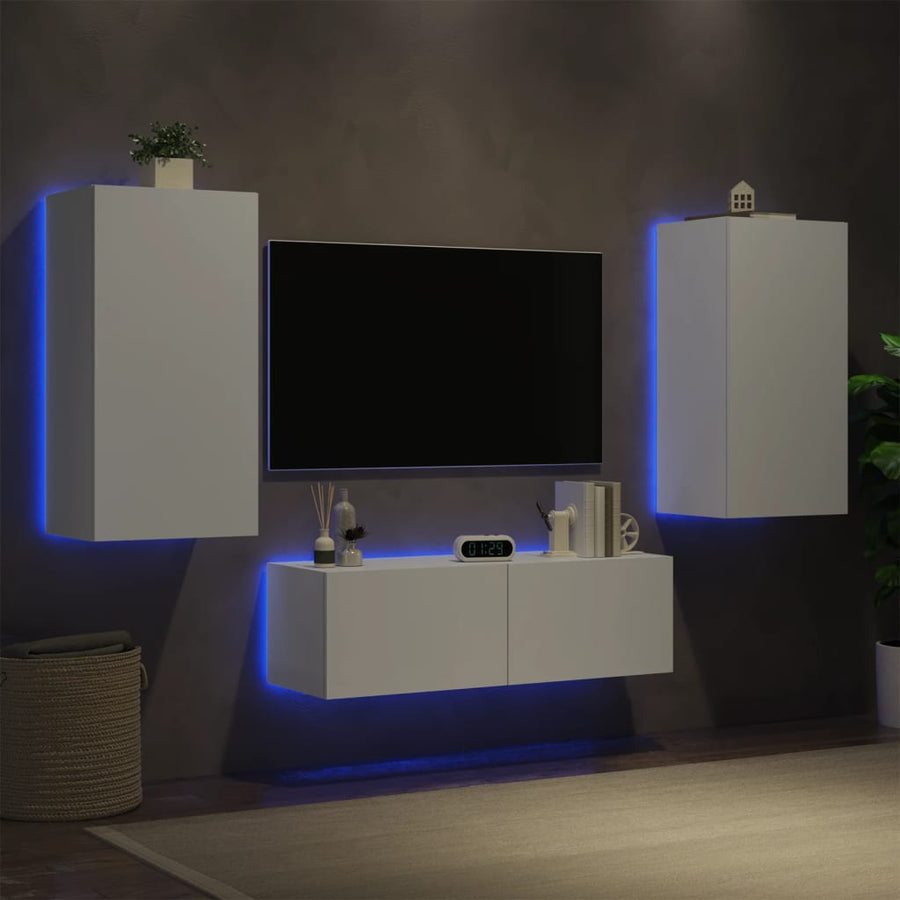 3-Delige Tv-Wandmeubelset Met Led-Verlichting Wit