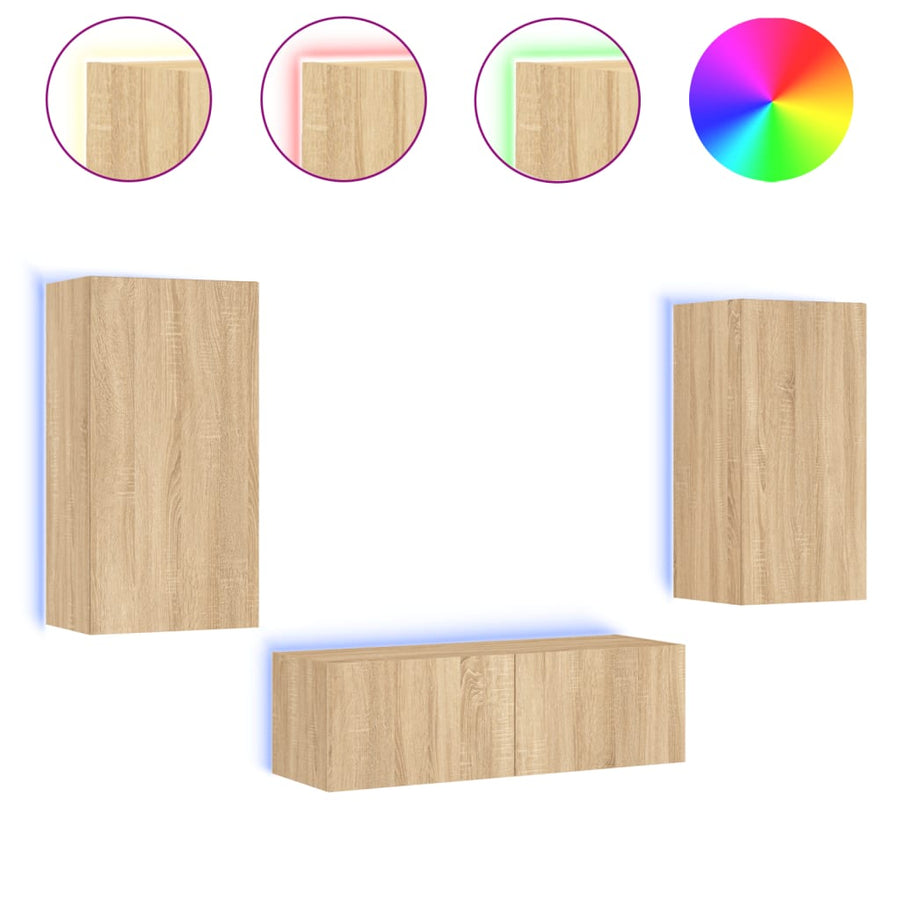 3-Delige Tv-Wandmeubelset Met Led-Verlichting Kleur Sonoma eiken