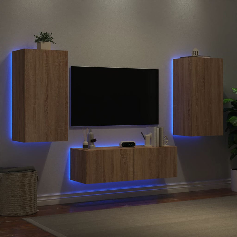 3-Delige Tv-Wandmeubelset Met Led-Verlichting Kleur Sonoma eiken
