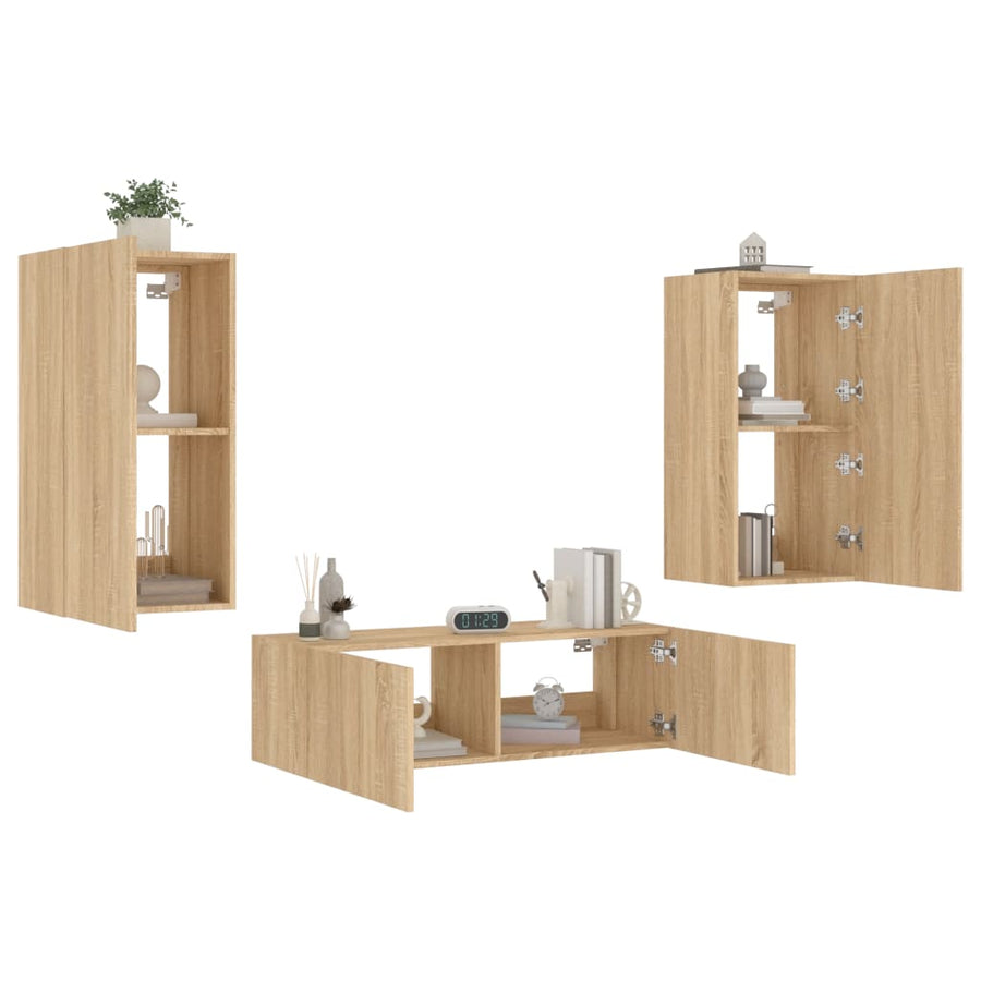 3-Delige Tv-Wandmeubelset Met Led-Verlichting Kleur Sonoma eiken