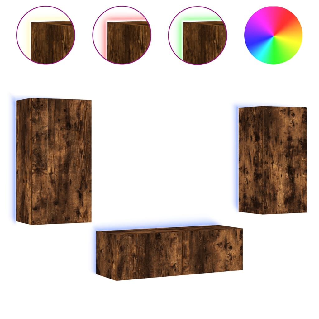 3-Delige Tv-Wandmeubelset Met Led-Verlichting Gerookt eiken