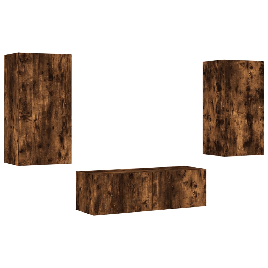 3-Delige Tv-Wandmeubelset Met Led-Verlichting Gerookt eiken