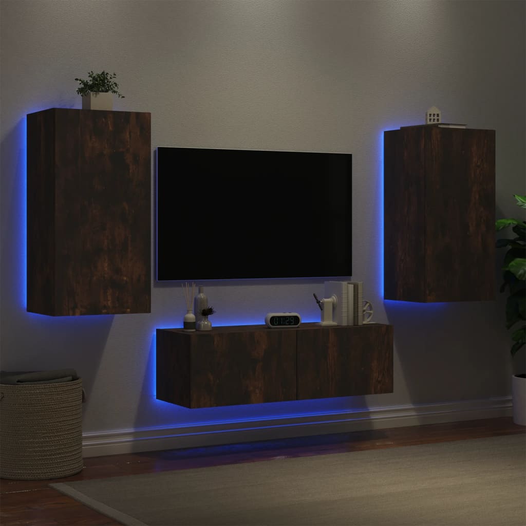 3-Delige Tv-Wandmeubelset Met Led-Verlichting Gerookt eiken