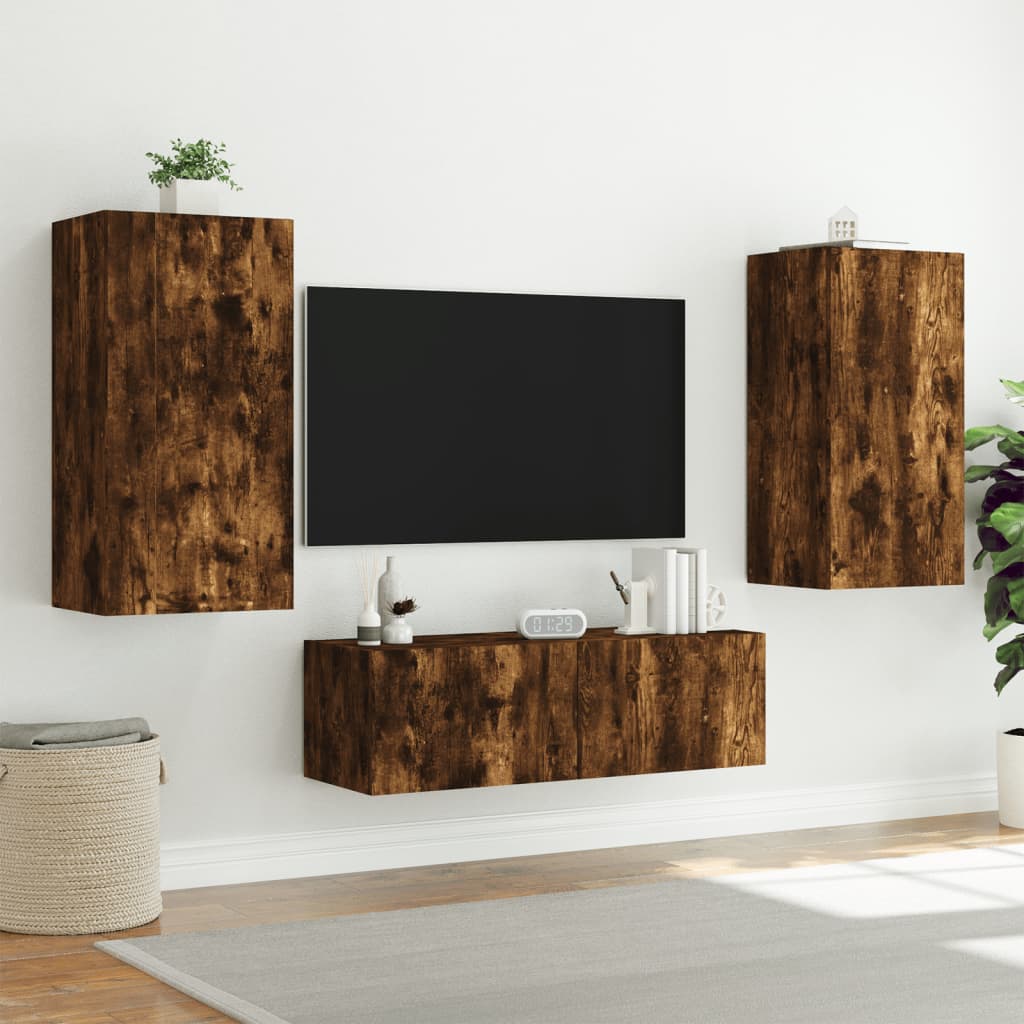 3-Delige Tv-Wandmeubelset Met Led-Verlichting Gerookt eiken