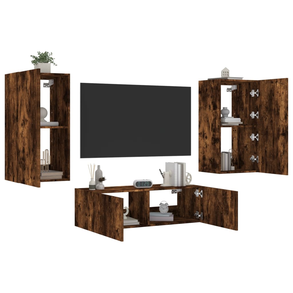 3-Delige Tv-Wandmeubelset Met Led-Verlichting Gerookt eiken