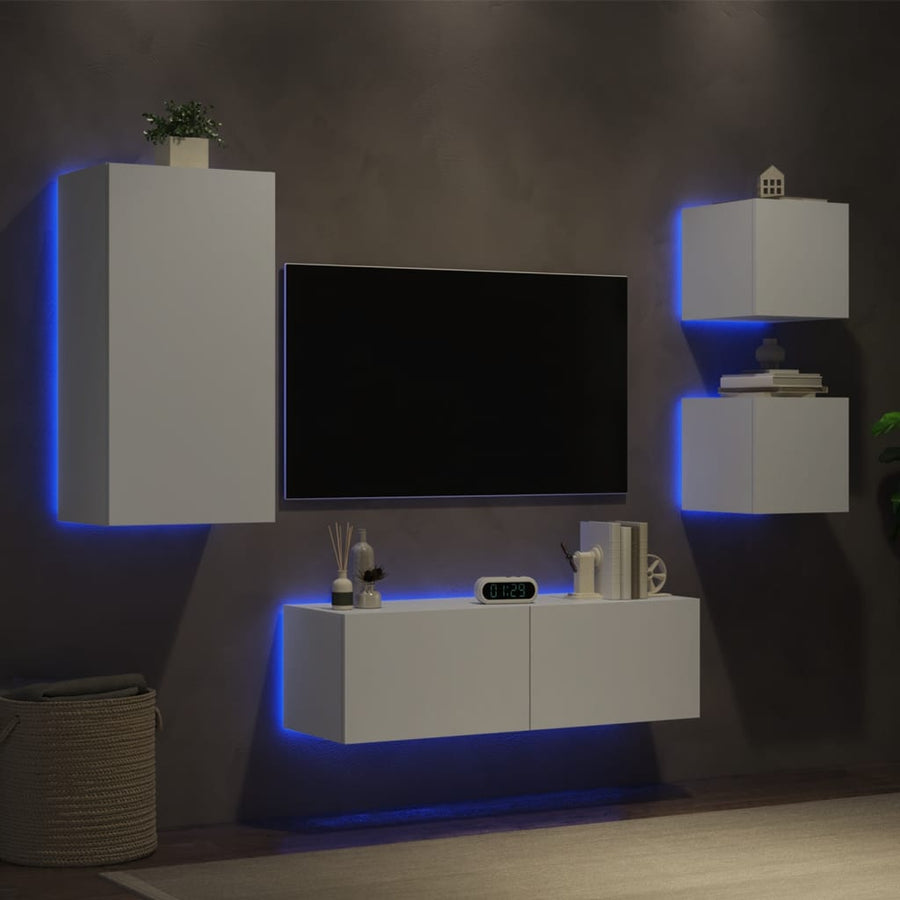 4-Delige Tv-Wandmeubelset Met Led-Verlichting Wit