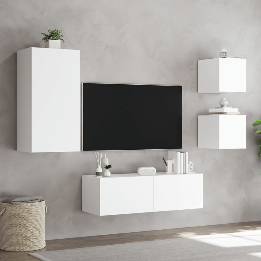 4-Delige Tv-Wandmeubelset Met Led-Verlichting Wit