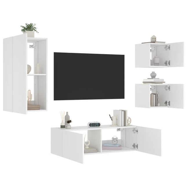 4-Delige Tv-Wandmeubelset Met Led-Verlichting Wit