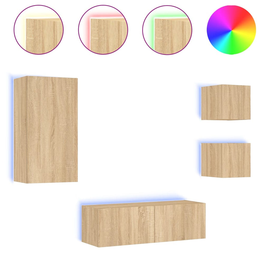4-Delige Tv-Wandmeubelset Met Led-Verlichting Kleur Sonoma eiken