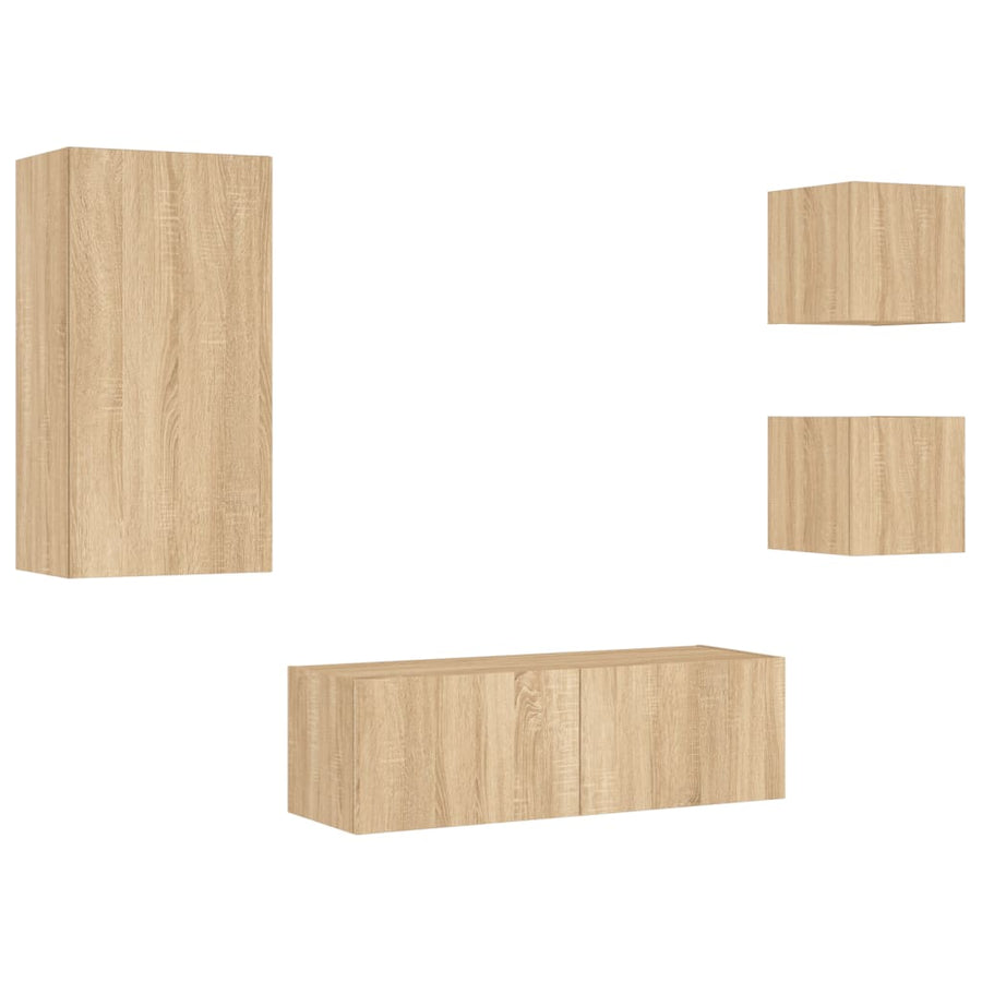 4-Delige Tv-Wandmeubelset Met Led-Verlichting Kleur Sonoma eiken