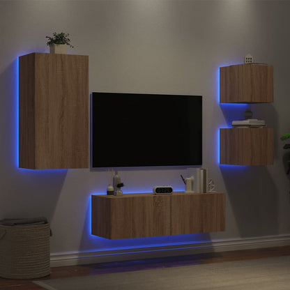 4-Delige Tv-Wandmeubelset Met Led-Verlichting Kleur Sonoma eiken