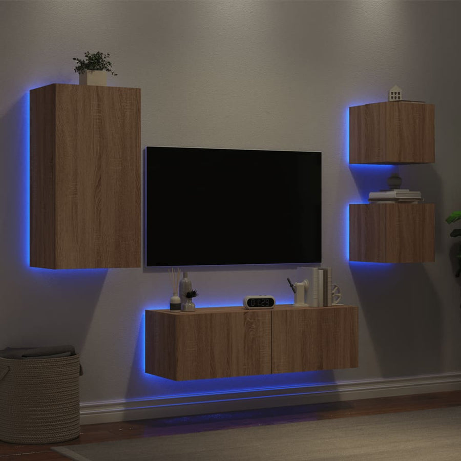 4-Delige Tv-Wandmeubelset Met Led-Verlichting Kleur Sonoma eiken