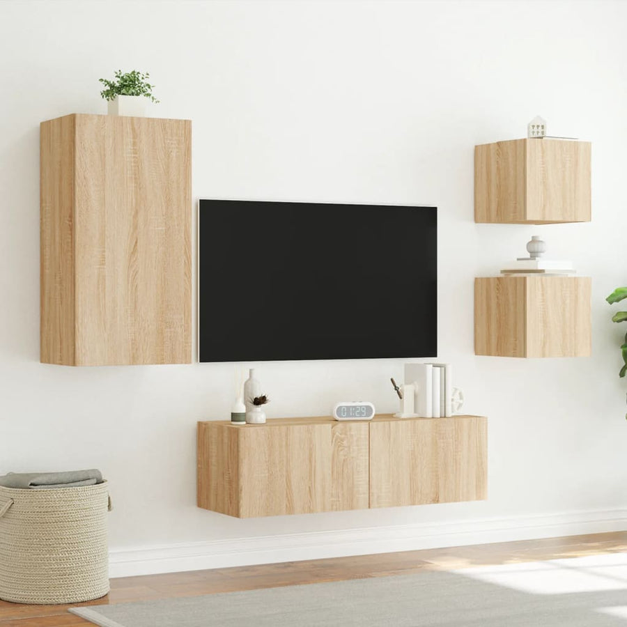 4-Delige Tv-Wandmeubelset Met Led-Verlichting Kleur Sonoma eiken