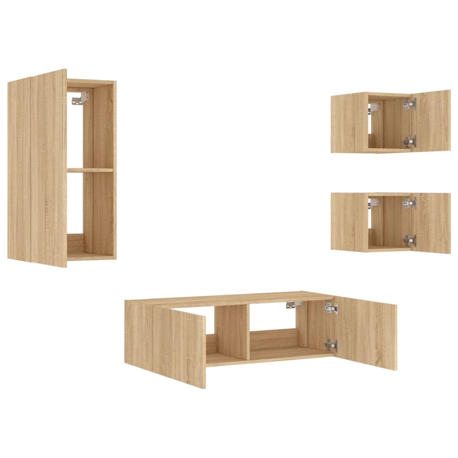 4-Delige Tv-Wandmeubelset Met Led-Verlichting Kleur Sonoma eiken