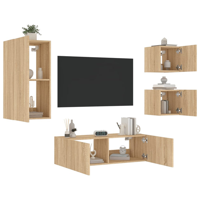 4-Delige Tv-Wandmeubelset Met Led-Verlichting Kleur Sonoma eiken