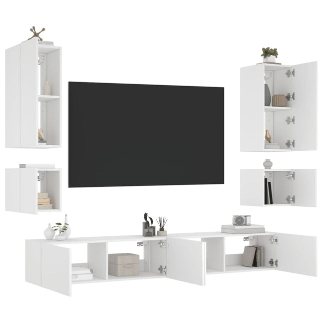 6-Delige Tv-Wandmeubelset Met Led-Verlichting Wit