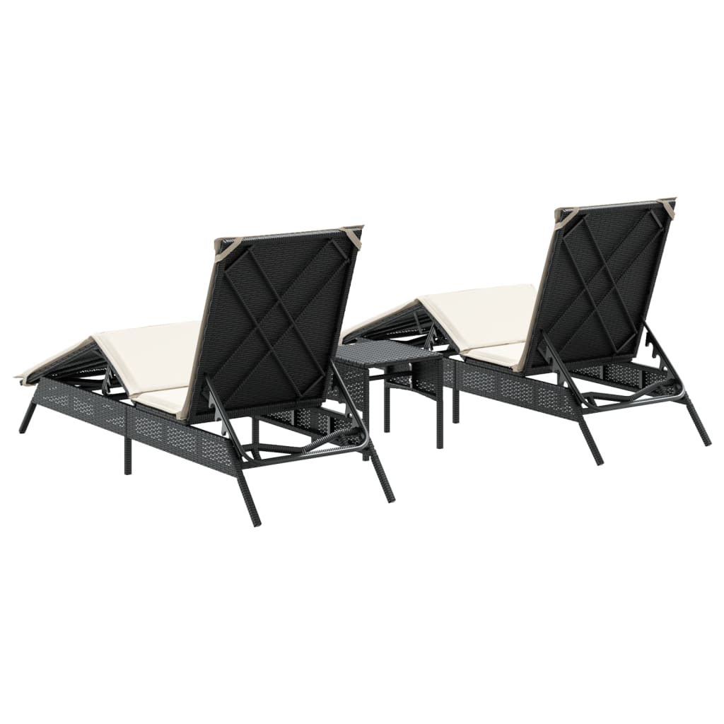 Ligbedden 2 st met tafel poly rattan zwart