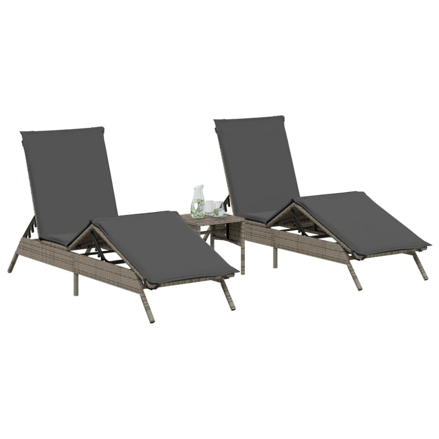 Ligbedden 2 st met tafel poly rattan grijs