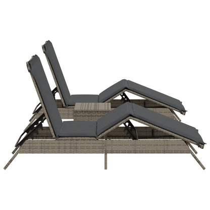 Ligbedden 2 st met tafel poly rattan grijs
