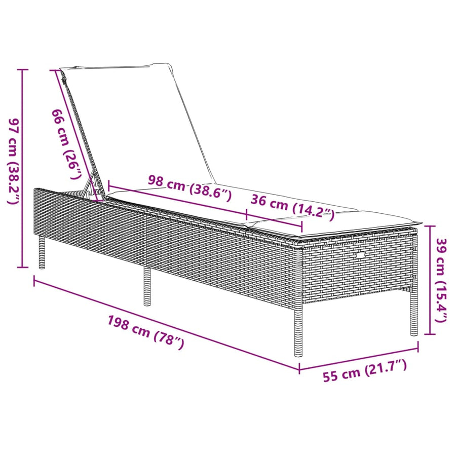 Ligbed met kussen poly rattan grijs