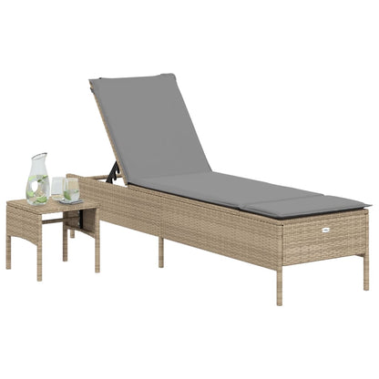 Ligbed met tafel en kussen poly rattan beige