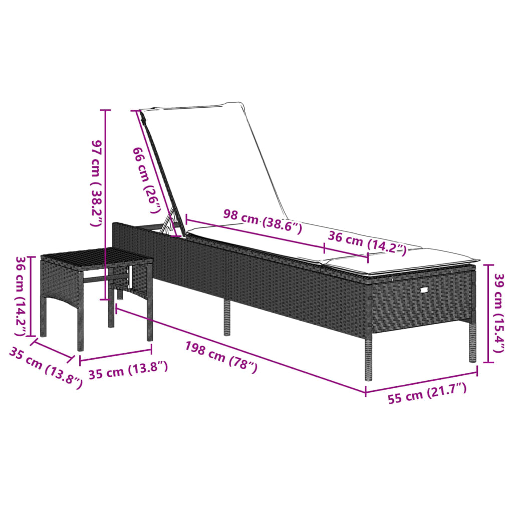 Ligbed met tafel en kussen poly rattan lichtgrijs