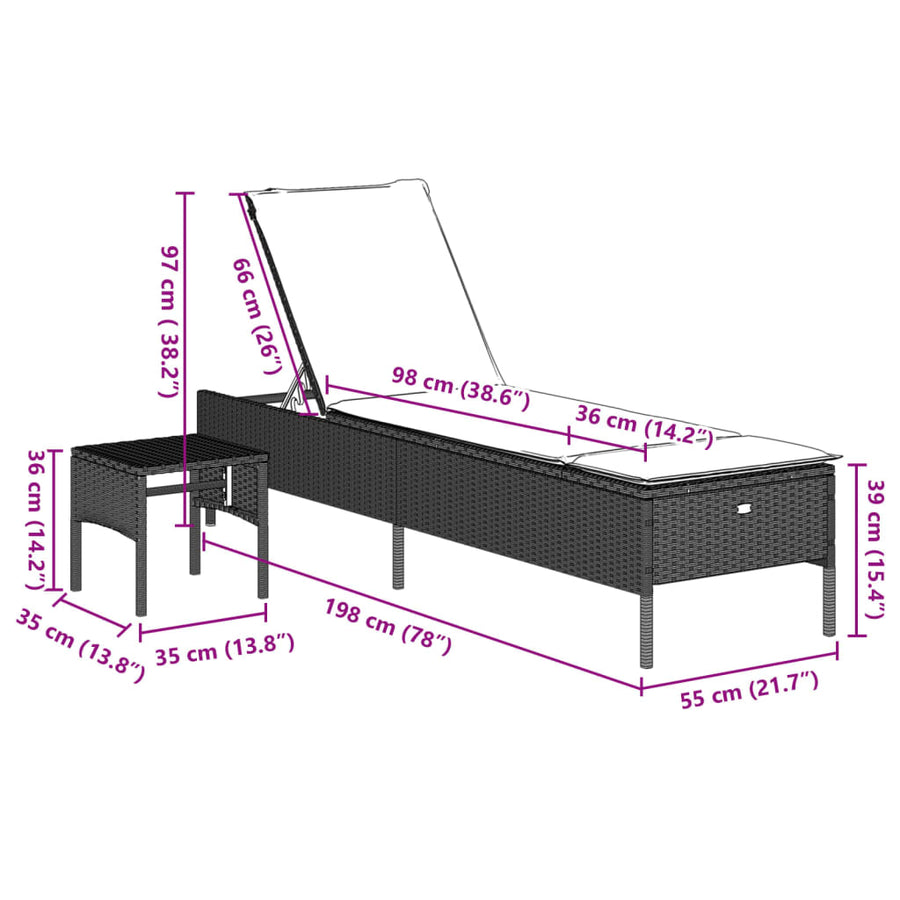 Ligbed met tafel en kussen poly rattan lichtgrijs