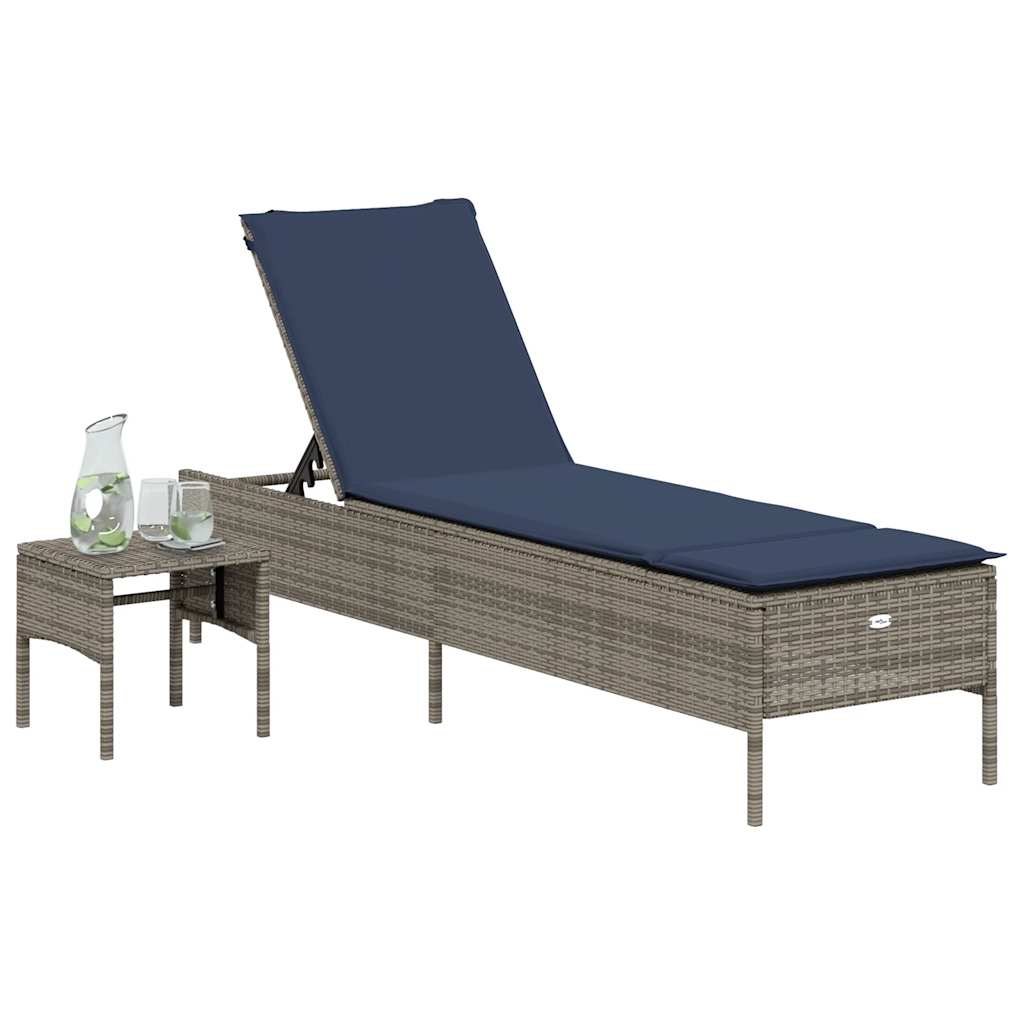 Ligstoel met tafel en kussen, grijs polyrotan